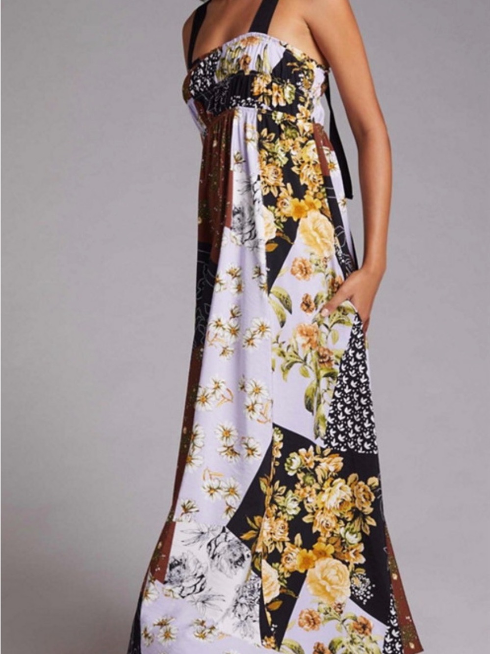 Anthropologie Patchwork Floral Maxi Dress in Yellow, Black, Brown
